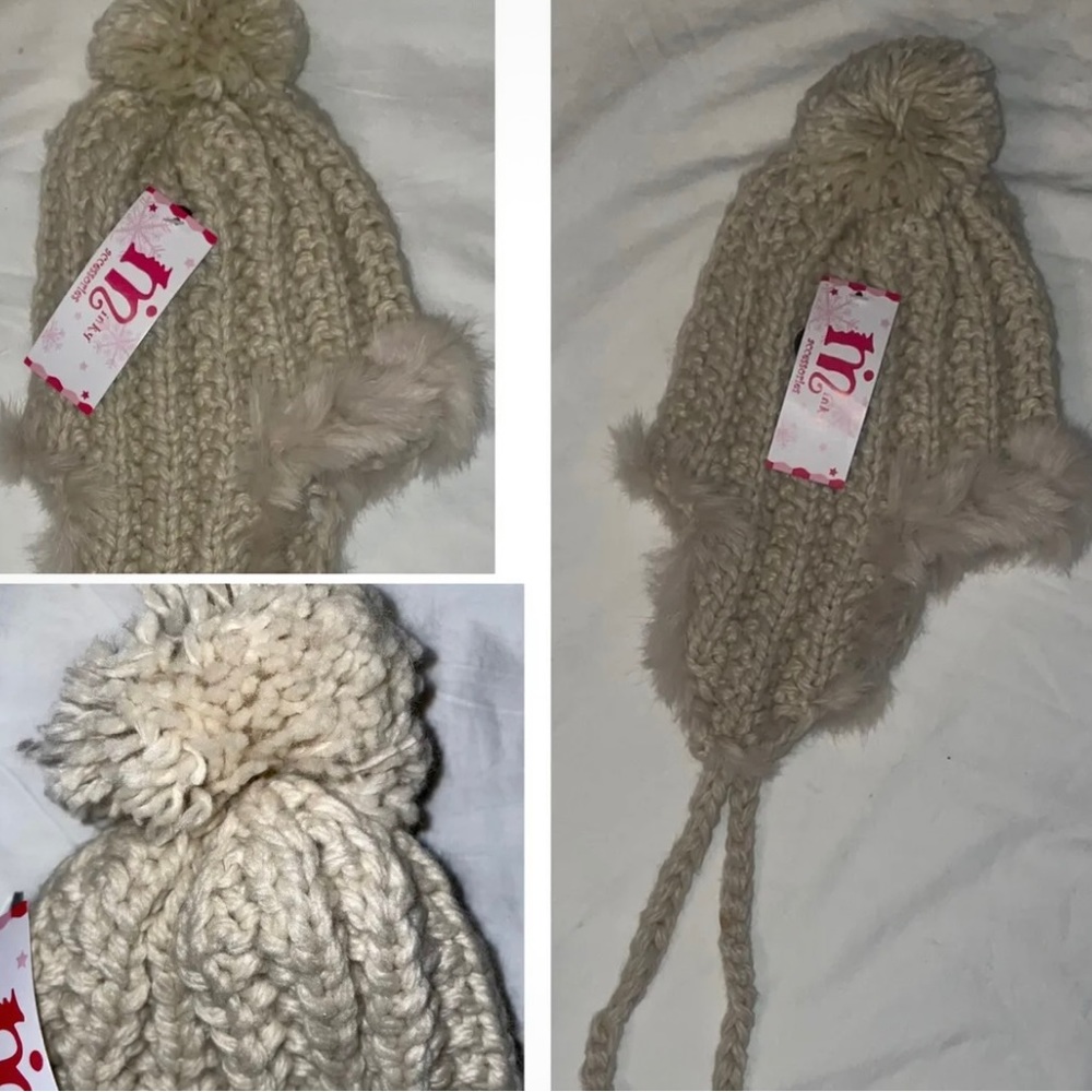 Minky Accessories Beanie Cable Knit Hat With Pom Pom.. Khaki New with Tag